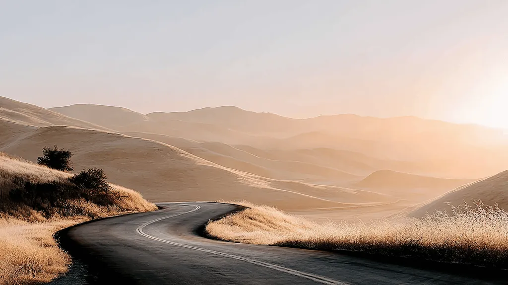 A wooden gate framed by stone columns and white roses opens onto a misty Pacific coastline at dawn.